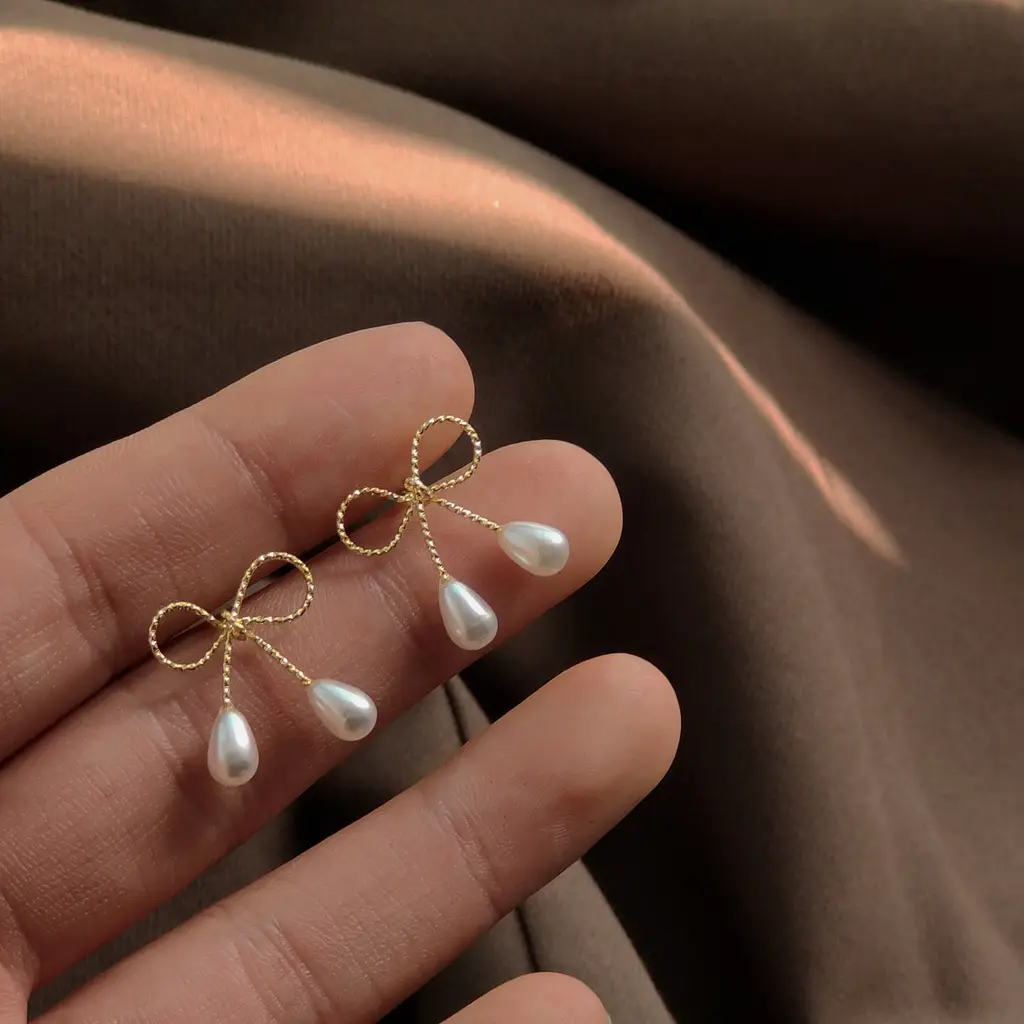 925 Silver Bow Earrings with Pearl Drop - Image 3