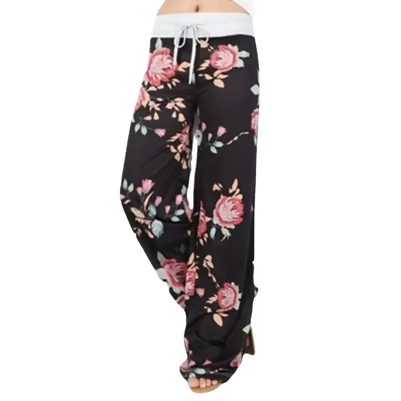 Printed Floral Wide Leg Pants Navy Blue Loose Fit - Image 42
