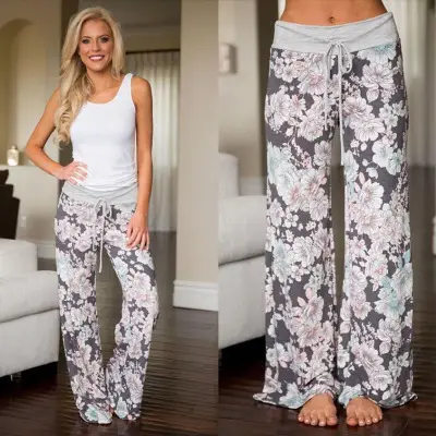 Printed Floral Wide Leg Pants Navy Blue Loose Fit - Image 11