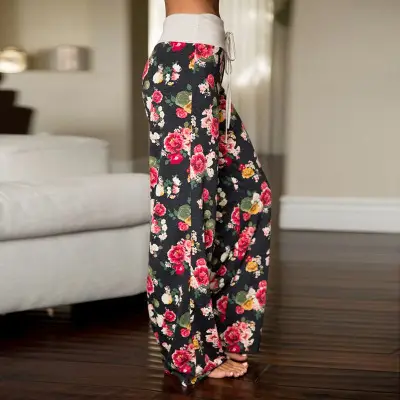 Printed Floral Wide Leg Pants Navy Blue Loose Fit - Image 12