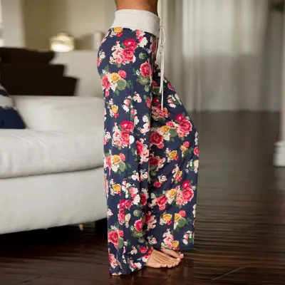 Printed Floral Wide Leg Pants Navy Blue Loose Fit - Image 13