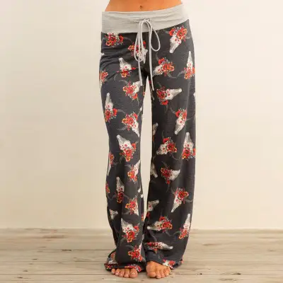 Printed Floral Wide Leg Pants Navy Blue Loose Fit - Image 14