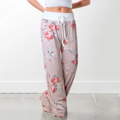 Printed Floral Wide Leg Pants Navy Blue Loose Fit - Image 18