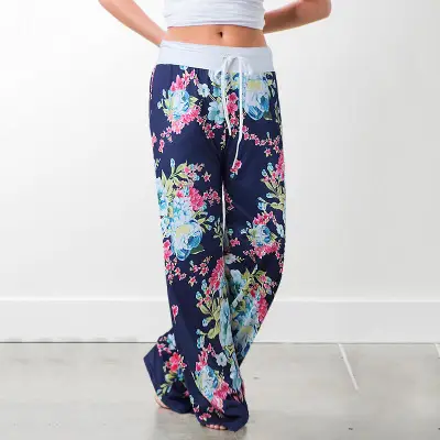 Printed Floral Wide Leg Pants Navy Blue Loose Fit - Image 19