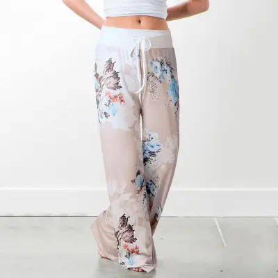Printed Floral Wide Leg Pants Navy Blue Loose Fit - Image 20