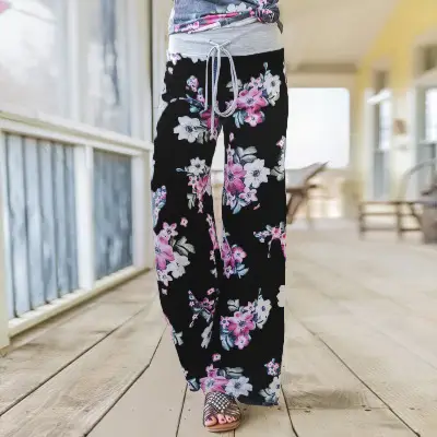 Printed Floral Wide Leg Pants Navy Blue Loose Fit - Image 23