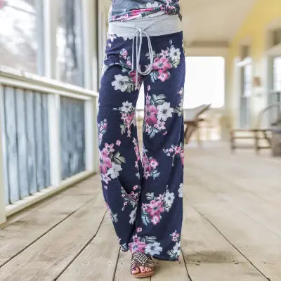 Printed Floral Wide Leg Pants Navy Blue Loose Fit - Image 25