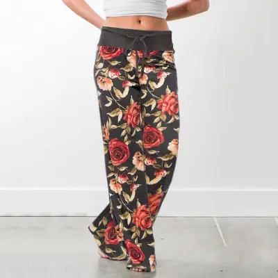 Printed Floral Wide Leg Pants Navy Blue Loose Fit - Image 26