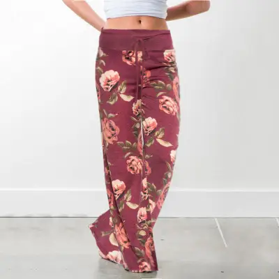 Printed Floral Wide Leg Pants Navy Blue Loose Fit - Image 27