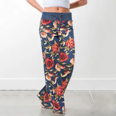 Printed Floral Wide Leg Pants Navy Blue Loose Fit - Image 28
