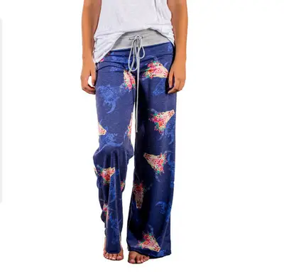 Printed Floral Wide Leg Pants Navy Blue Loose Fit - Image 33