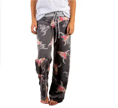 Printed Floral Wide Leg Pants Navy Blue Loose Fit - Image 34