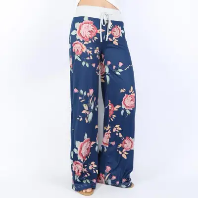Printed Floral Wide Leg Pants Navy Blue Loose Fit - Image 5