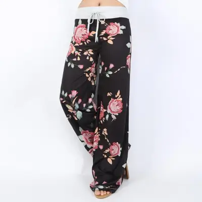 Printed Floral Wide Leg Pants Navy Blue Loose Fit - Image 6