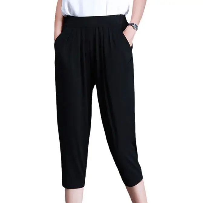 Women Black Cropped Capri Pants Plus Size Summer - Image 11