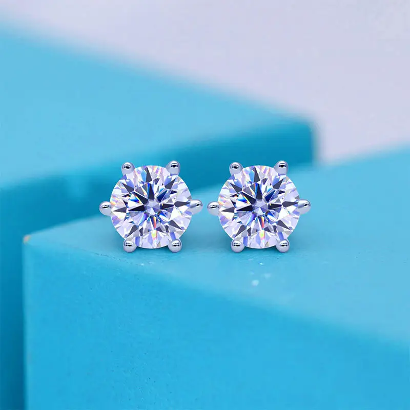 925 Sterling Silver Gold Plated D Color Moissanite Classic Six-Claw Earrings Women's Ear Holes - Image 3