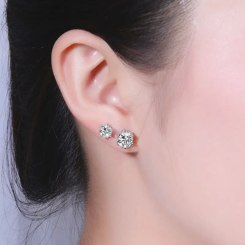 925 Sterling Silver Gold Plated D Color Moissanite Classic Six-Claw Earrings Women's Ear Holes - Image 5