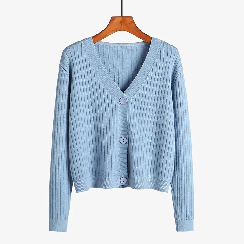 Women Light Blue Knitted V-Neck Cardigan Long Sleeve - Image 5