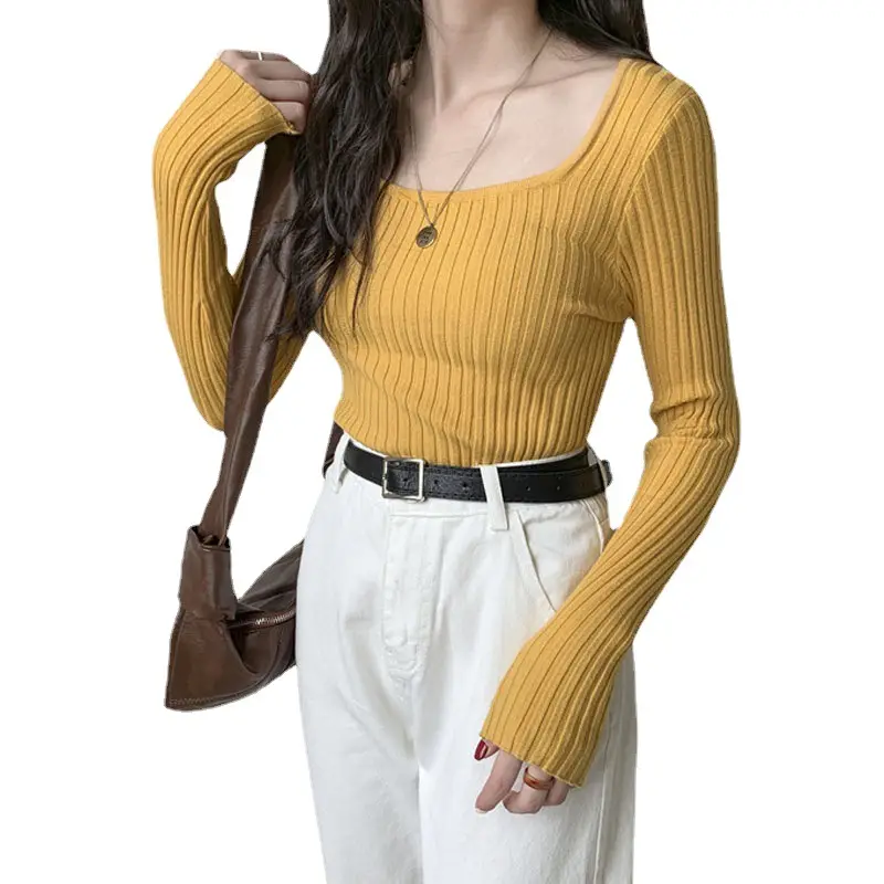 Women Knitted Square Collar Top Long Sleeve Orange - Image 13
