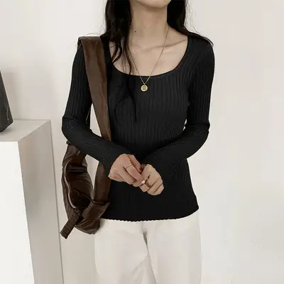 Women Knitted Square Collar Top Long Sleeve Orange - Image 3