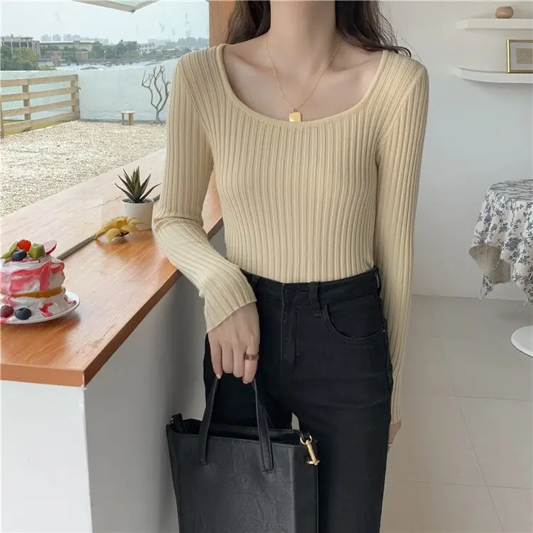 Women Knitted Square Collar Top Long Sleeve Orange - Image 5