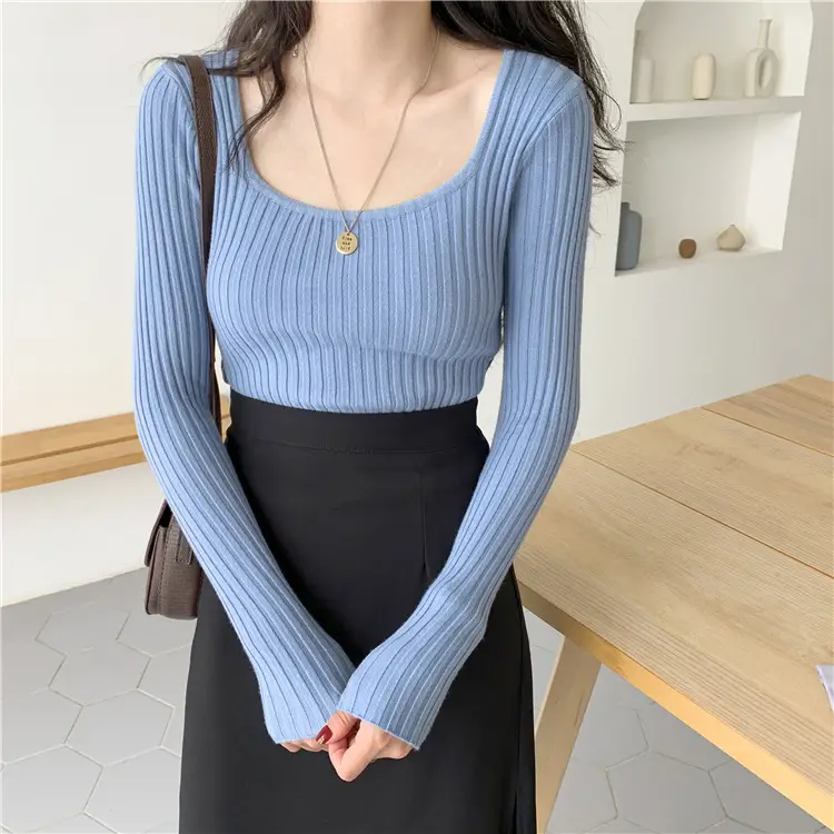 Women Knitted Square Collar Top Long Sleeve Orange - Image 6
