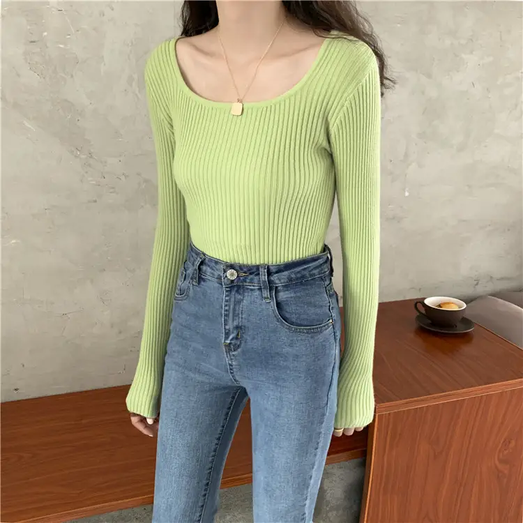 Women Knitted Square Collar Top Long Sleeve Orange - Image 7