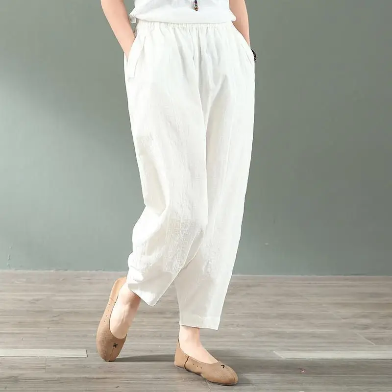 Women's White Linen High Waist Hallon Pants Large Spring Autumn