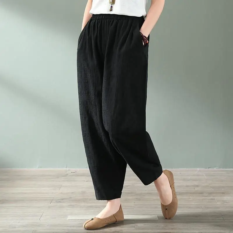 Women's White Linen High Waist Hallon Pants Large Spring Autumn