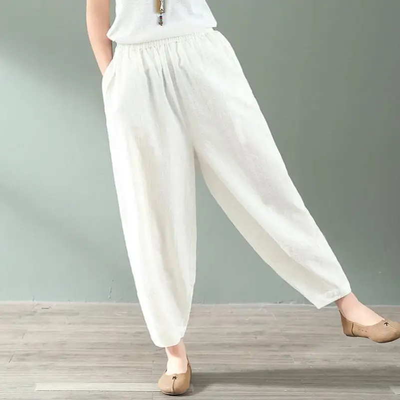 Women's White Linen High Waist Hallon Pants Large Spring Autumn