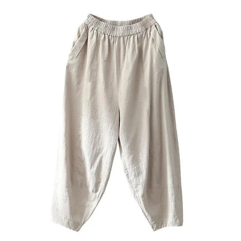 Women's White Linen High Waist Hallon Pants Large Spring Autumn