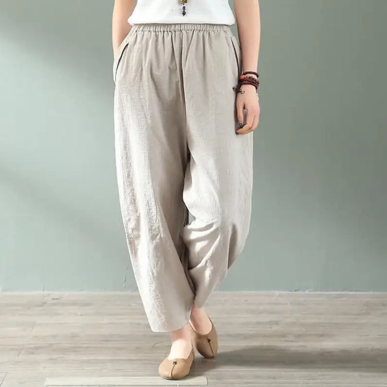 Women's White Linen High Waist Hallon Pants Large Spring Autumn