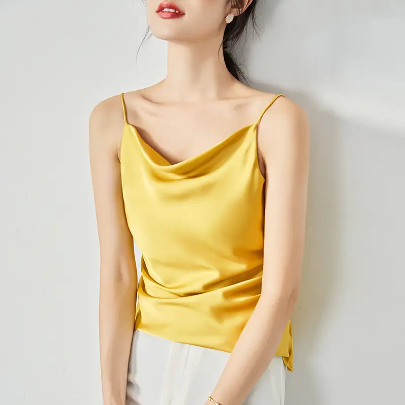 Women Silk Camisole Pile Collar Top Yellow - Image 6