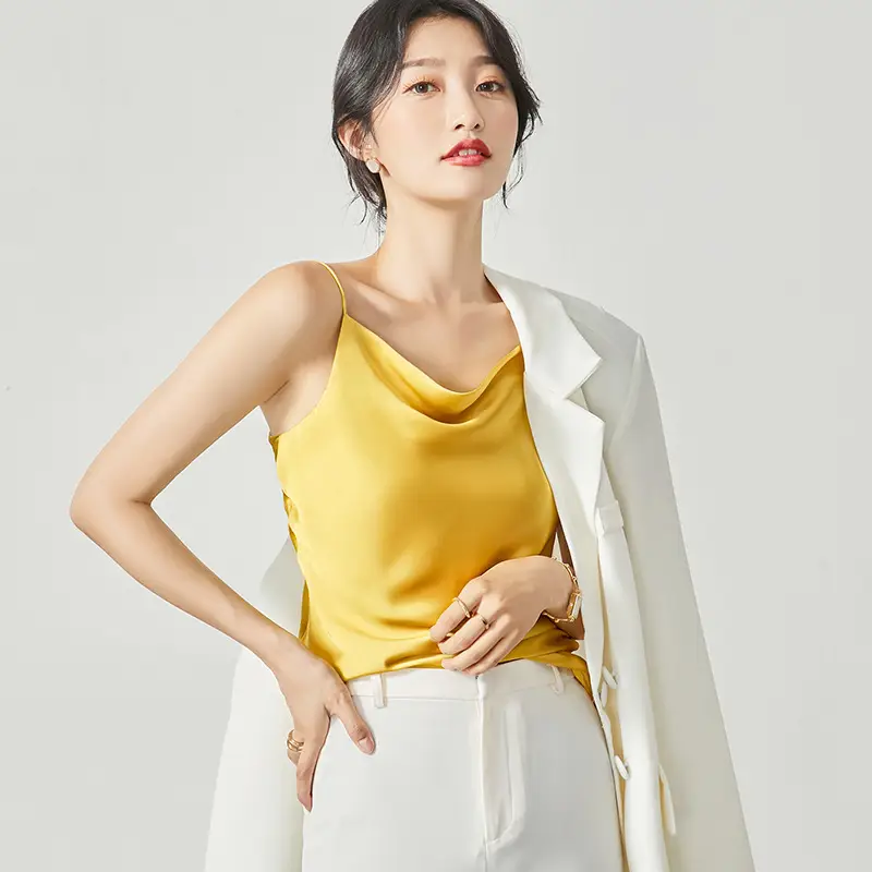 Women Silk Camisole Pile Collar Top Yellow - Image 7