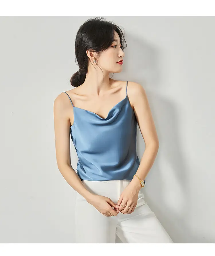 Women Silk Camisole Pile Collar Top Yellow — feature 19