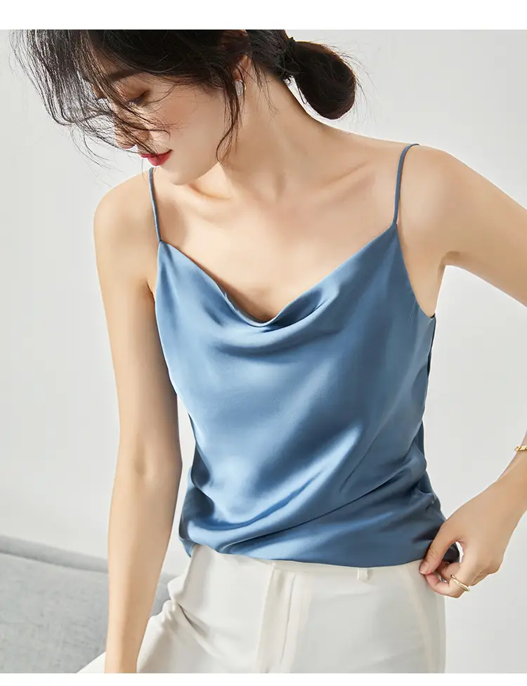 Women Silk Camisole Pile Collar Top Yellow — feature 21
