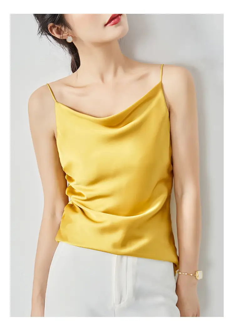 Women Silk Camisole Pile Collar Top Yellow — feature 27