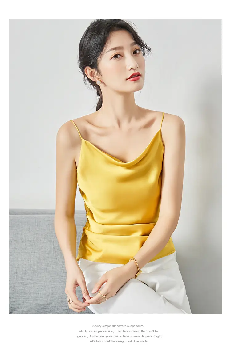 Women Silk Camisole Pile Collar Top Yellow — feature 28