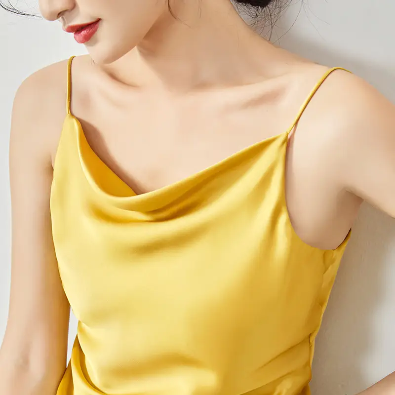 Women Silk Camisole Pile Collar Top Yellow - Image 2