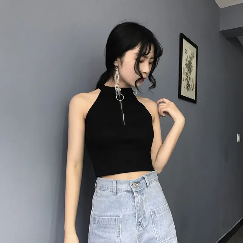 Women's Black Zipper Turtleneck Vest Top with High Waist Jeans - Image 4