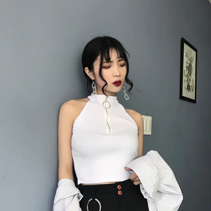 Women's Black Zipper Turtleneck Vest Top with High Waist Jeans - Image 5