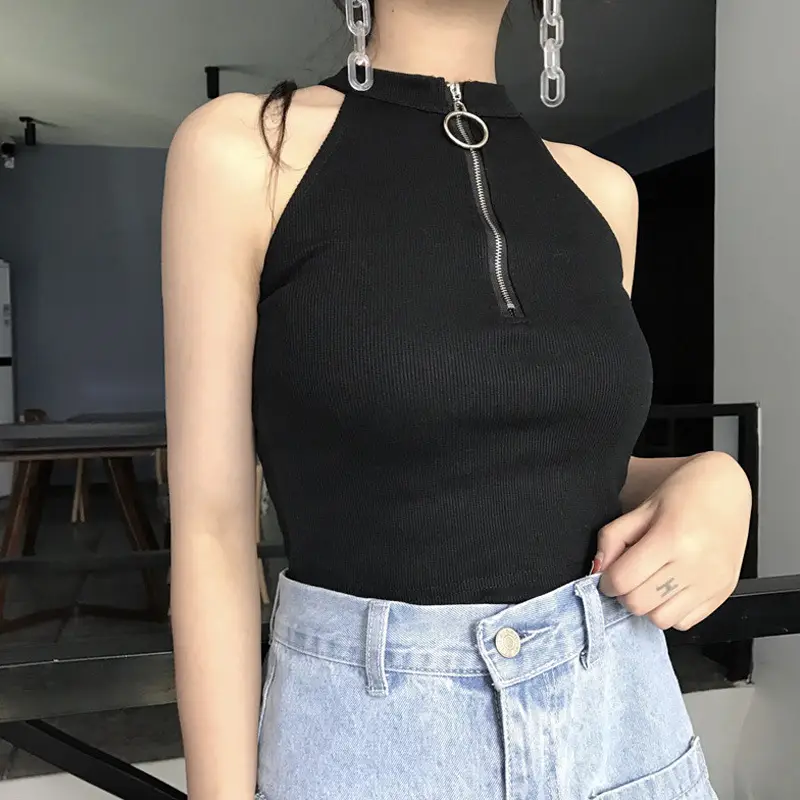 Women's Black Zipper Turtleneck Vest Top with High Waist Jeans - Image 6