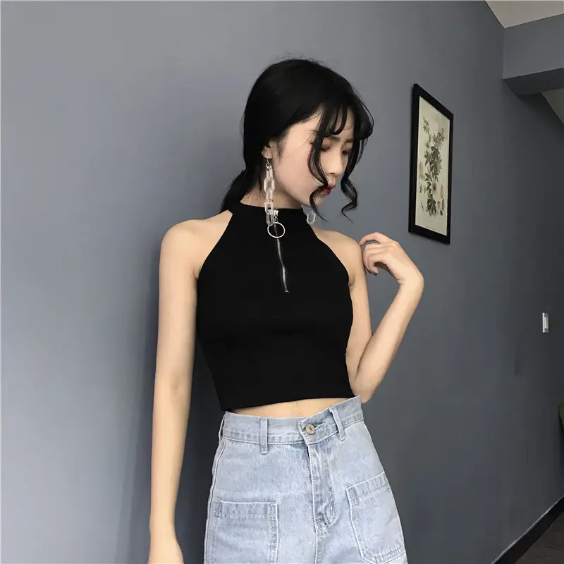 Women's Black Zipper Turtleneck Vest Top with High Waist Jeans — feature 10