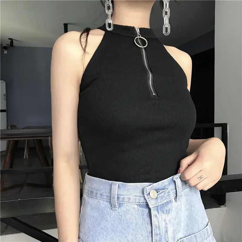 Women's Black Zipper Turtleneck Vest Top with High Waist Jeans — feature 12