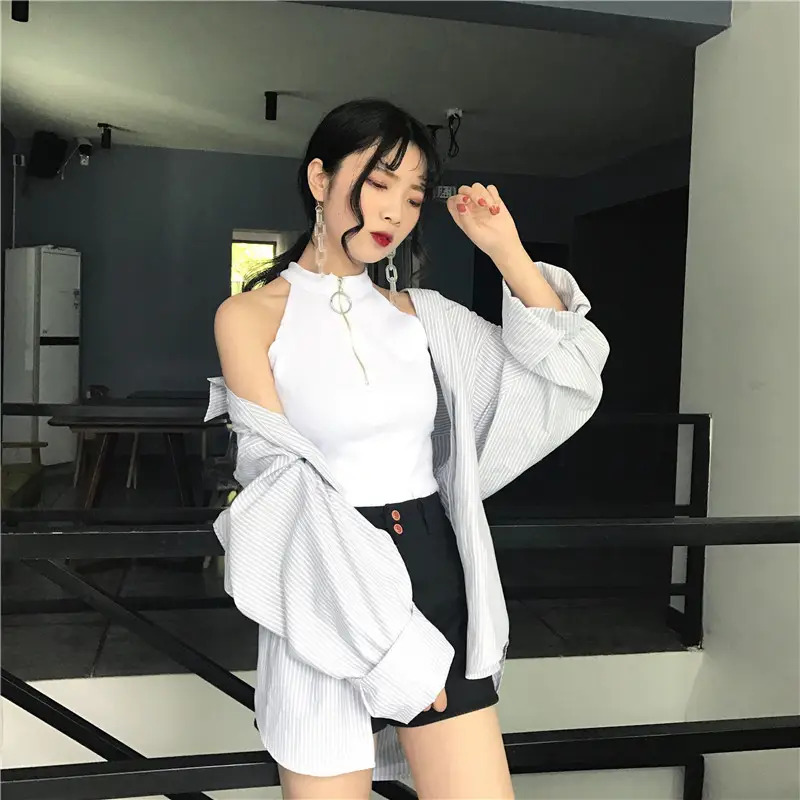 Women's Black Zipper Turtleneck Vest Top with High Waist Jeans — feature 13