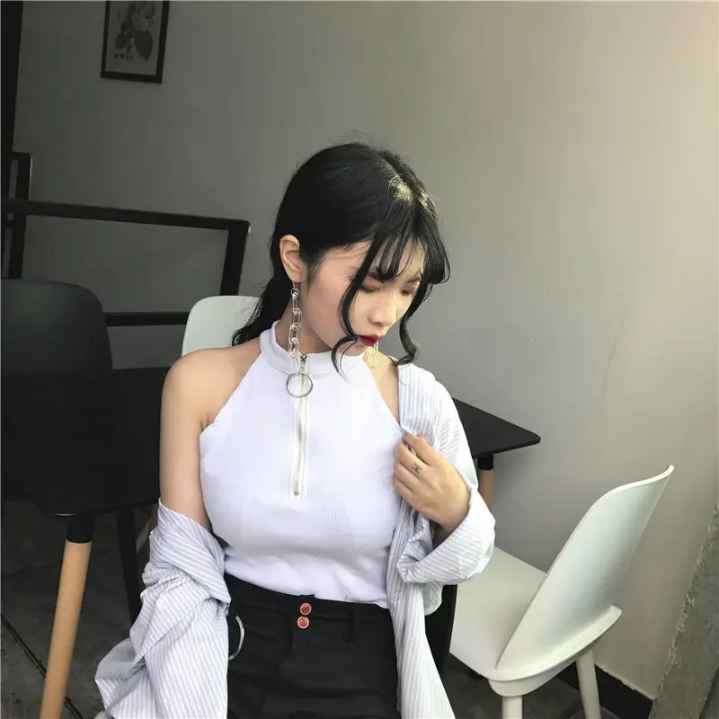 Women's Black Zipper Turtleneck Vest Top with High Waist Jeans — feature 14