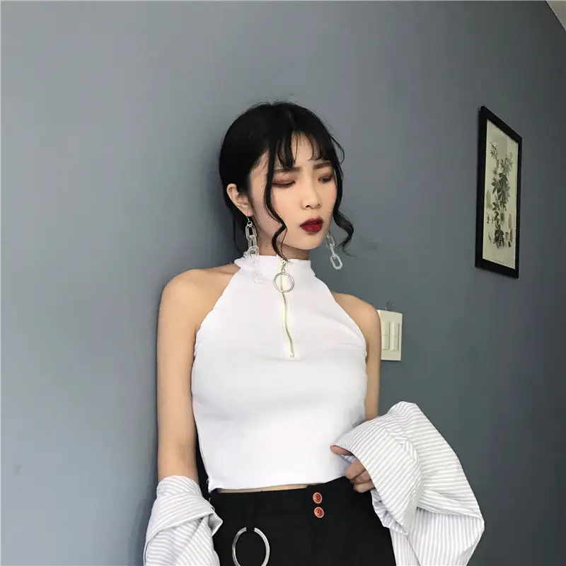 Women's Black Zipper Turtleneck Vest Top with High Waist Jeans — feature 15