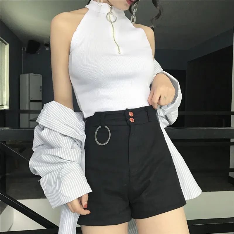 Women's Black Zipper Turtleneck Vest Top with High Waist Jeans — feature 16