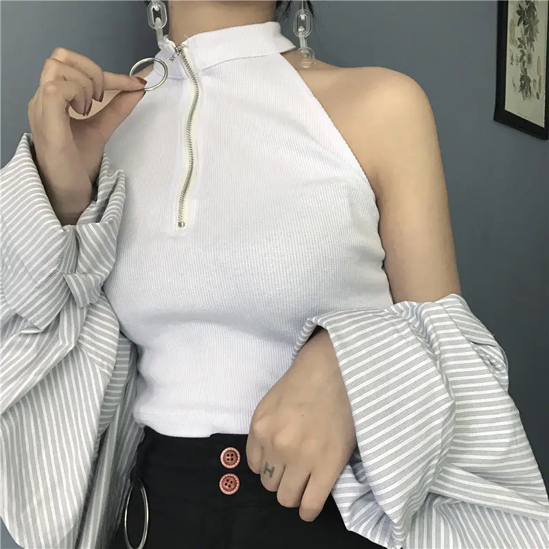 Women's Black Zipper Turtleneck Vest Top with High Waist Jeans — feature 17