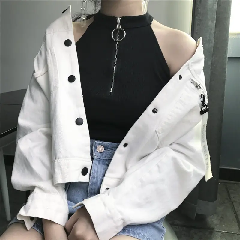 Women's Black Zipper Turtleneck Vest Top with High Waist Jeans — feature 2